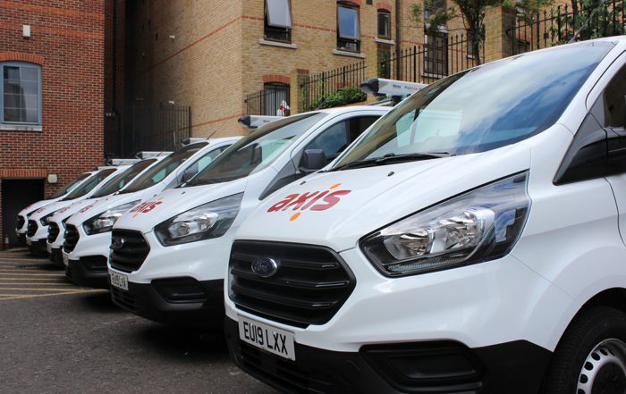 Axis vans lined up in stratford before beginning work on a new contract win with estuary housing