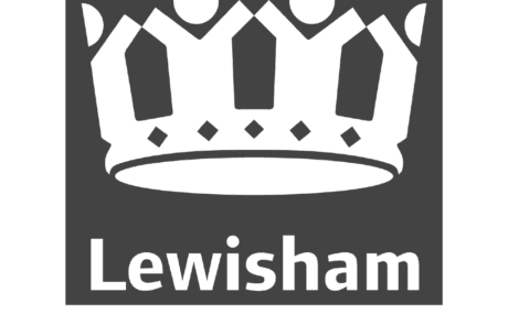 Dark grey image with white outline of a crown covering most of the image with white text at the bottom: Lewisham