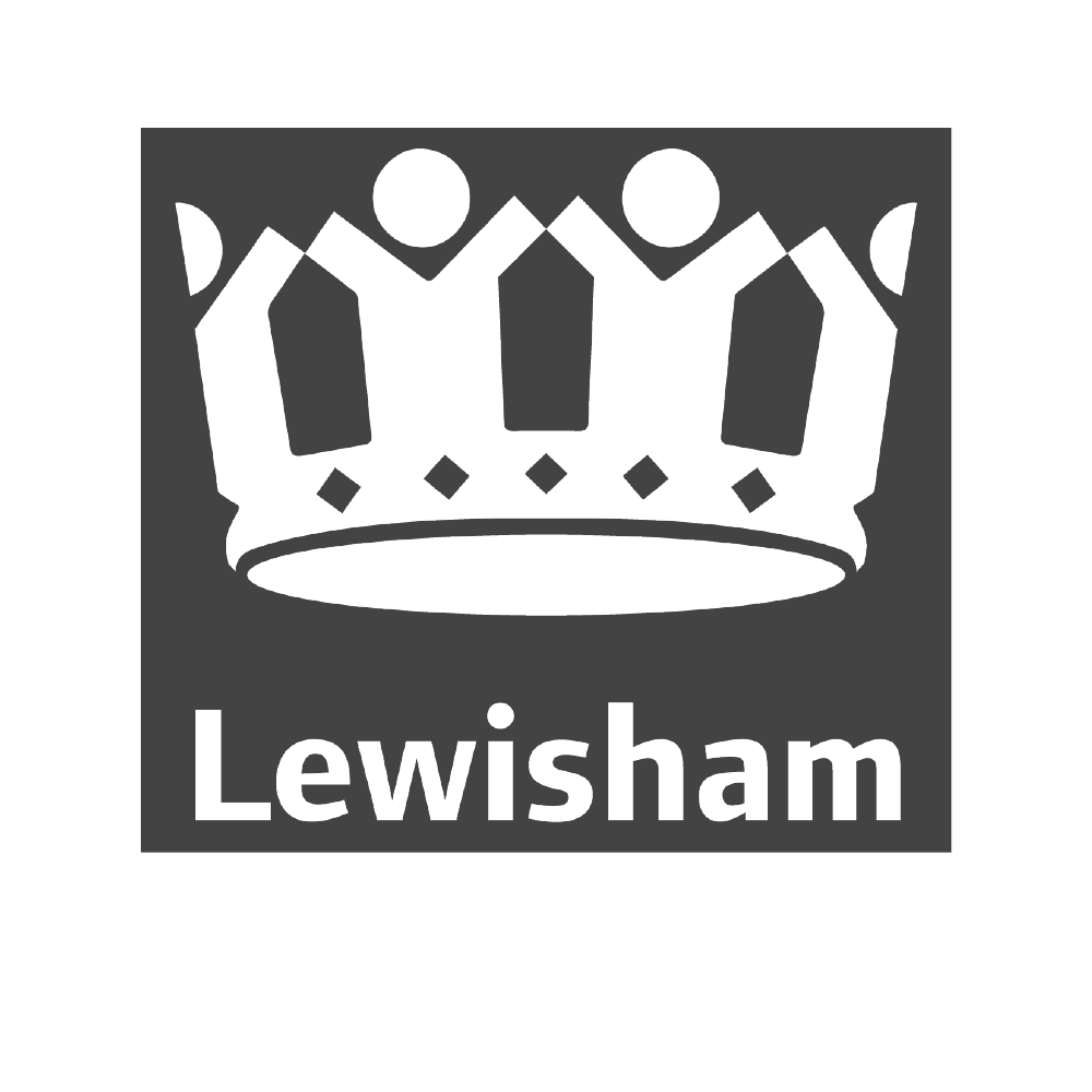 Dark grey image with white outline of a crown covering most of the image with white text at the bottom: Lewisham