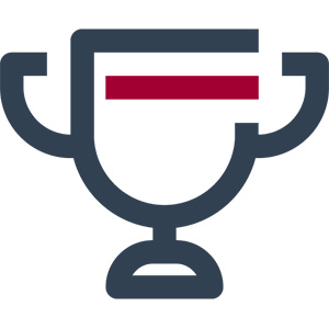 Grey and red icon of a trophy graphic