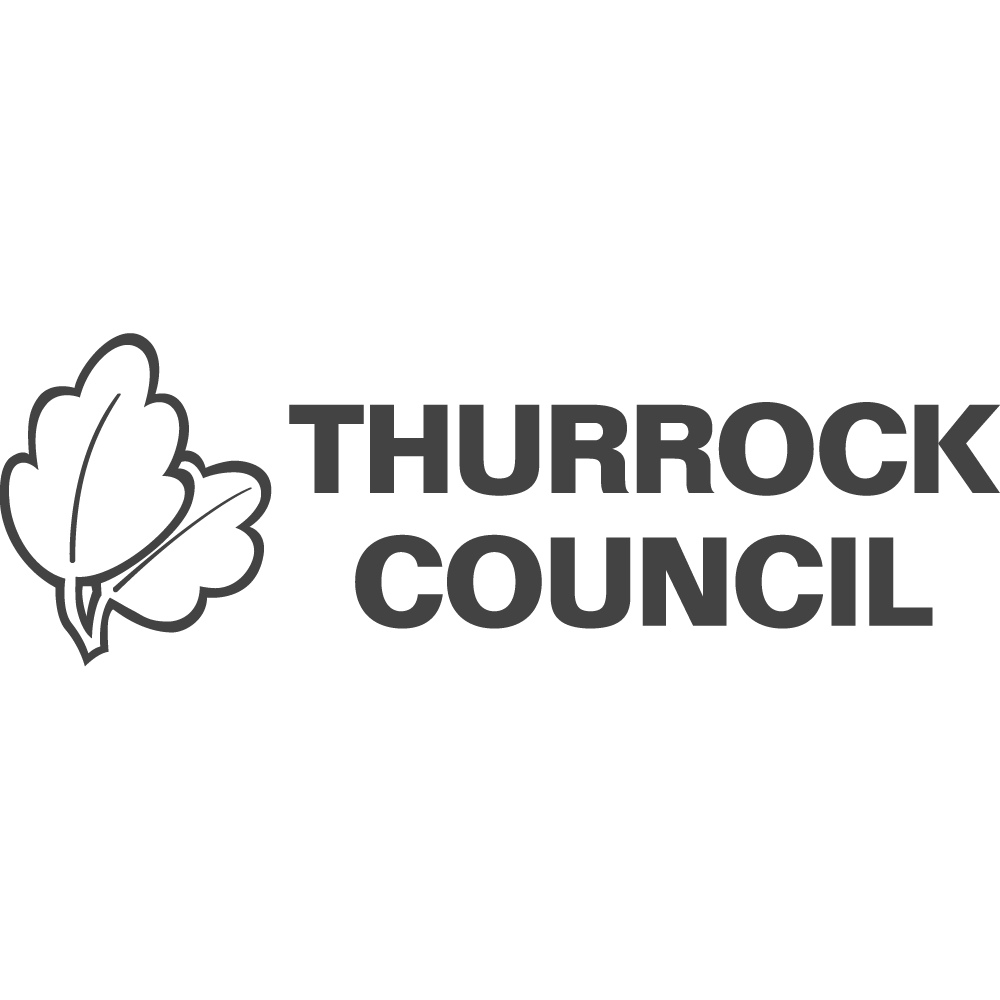 Outline of two leaves on the left. Dark grey text on the right: Thurrock Council