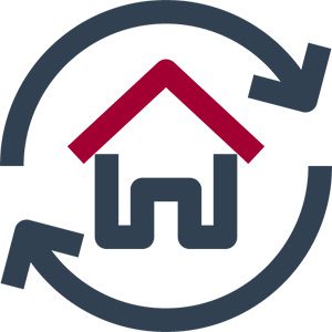 Two grey icons going in a circle with arrows. Within is a outline of a house with a red roof and a grey base graphic.