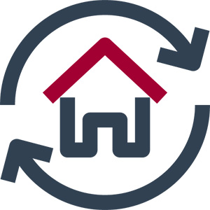 Two grey icons going in a circle with arrows. Within is a outline of a house with a red roof and a grey base graphic.
