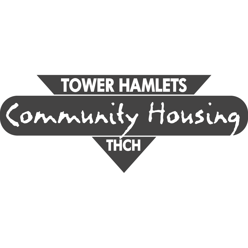 All dark grey with white text. Triangle pointing downwards. Long rectangular bubble slicing in the middle. Text: Tower Hamlets Community Housing THCH.