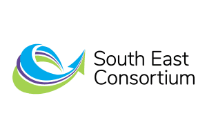 Abstract curved arrow of blue, purple and green on the left. Black text on the right: South East Consortium.