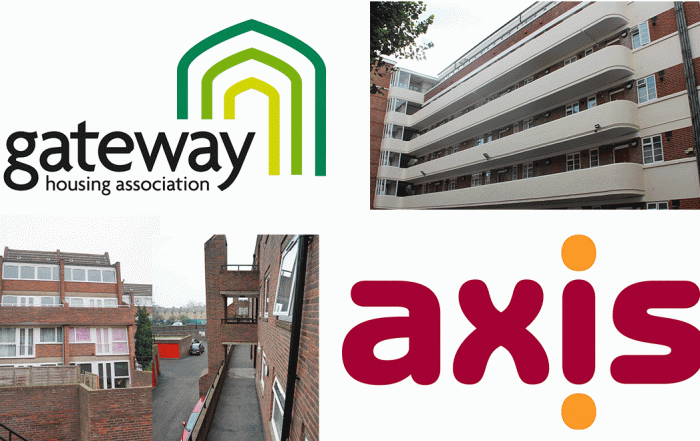 Axis and Gateway logos and exterior shots buildings