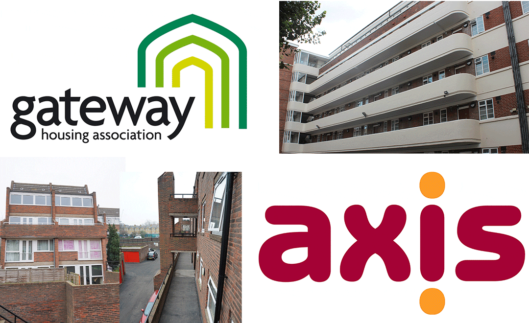 Axis and Gateway logos and exterior shots buildings