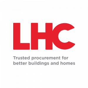 Red capital letter text: LHC. With smaller black text below.