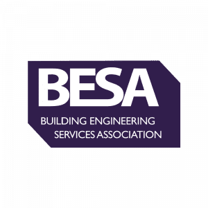 Dark purple box with white text: BESA BUILDING ENGINEERING SERVICES ASSOCIATION