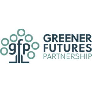 Light blue bubbles on the left with dark blue text: gfp. Abstract image of a tree. On the right is text: Greener Futures Partnership.