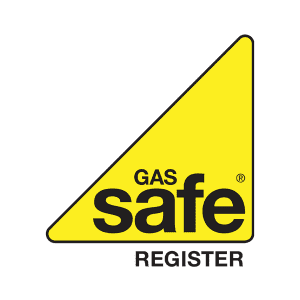 Yellow triangle on the right. Black text with Gas Safe within yellow triangle and outside the triangle is a black text with the word: register