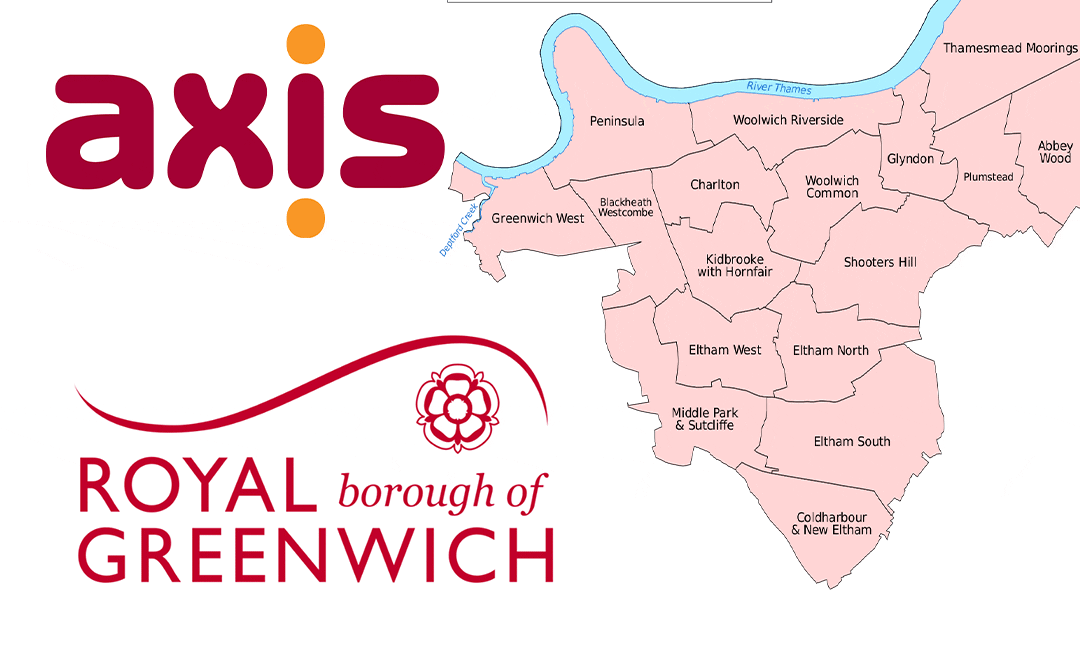 Logos for Axis and Royal Boroough of Greenwich and map of Greenwich