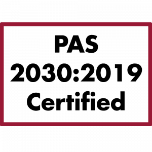 Red rectangle box. Black text within: PAS 2030: 2019 Certified.