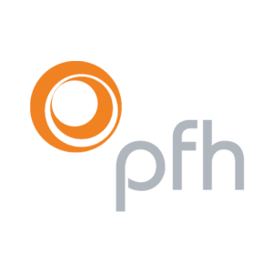 Abstract orange bubble with white bubble within on the top left. On the right is light grey text: pfh