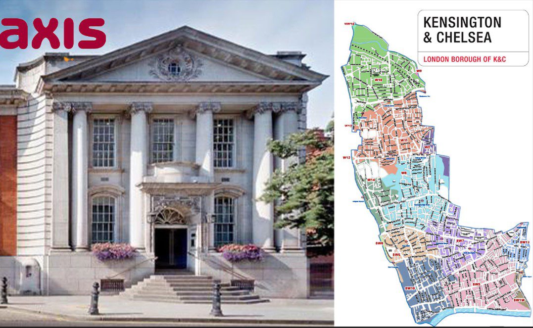 Collage of Chelsea Town Hall, map of Kensington and Chelsea and logos