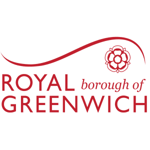 Red text: Royal borough of Greenwich. Red abstract line above with a red flowery icon below on the right.