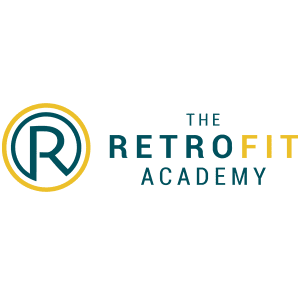 Yellow and blue colours. R in blue with a yellow circle surrounding it on the left. On the right is blue and yellow text: The Retrofit Academy
