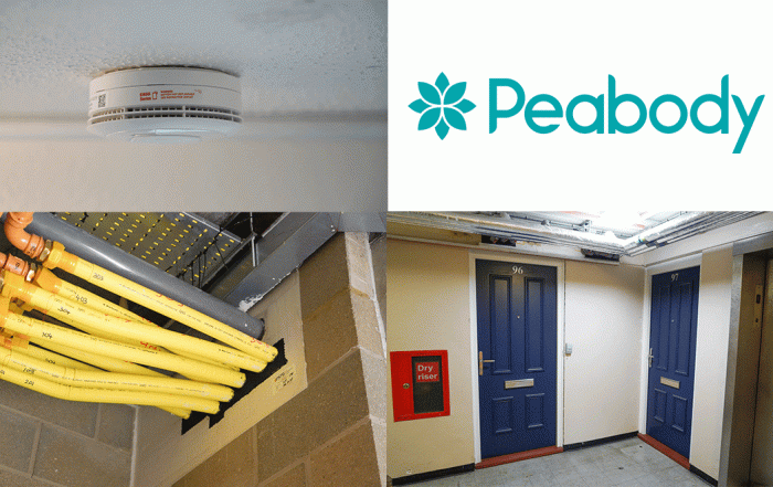 Peabody logo, pipework, fire alarm and fire doors