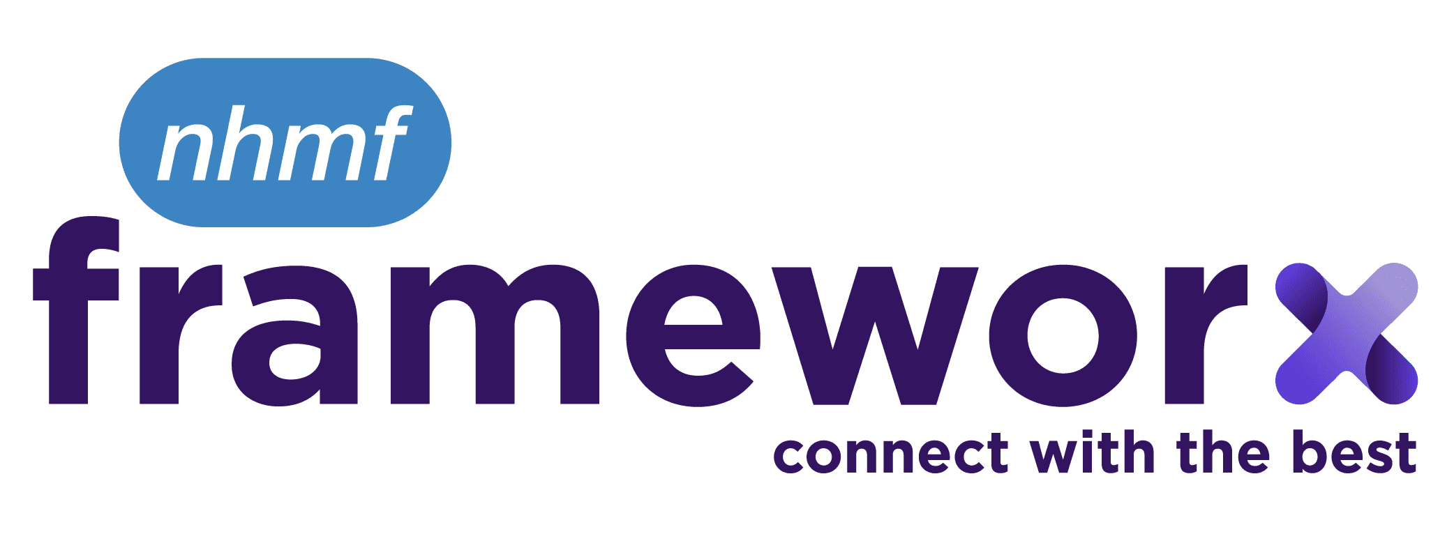 Small light blue bubble on the top left with white text: nhmf. Below are purple text: frameworx