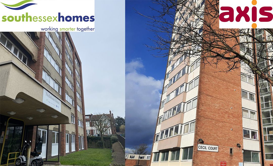 South Essex Homes and Axis logos and two tower blocks collage