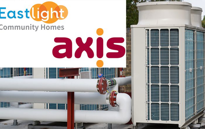 Air Source Heat Pumps, and logos Axis and East Light