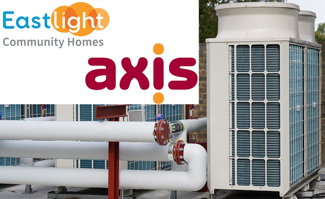 Air Source Heat Pumps, and logos Axis and East Light