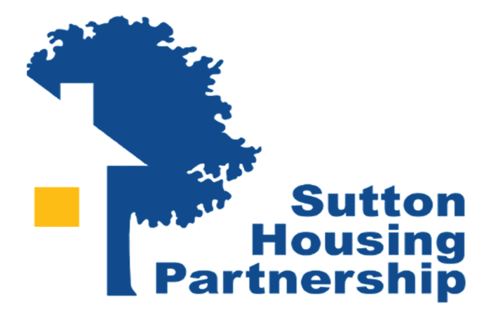 Sutton Housing Partnership in blue logo with yellow square