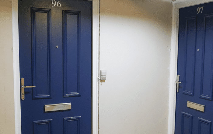 Two blue front doors in block of flats