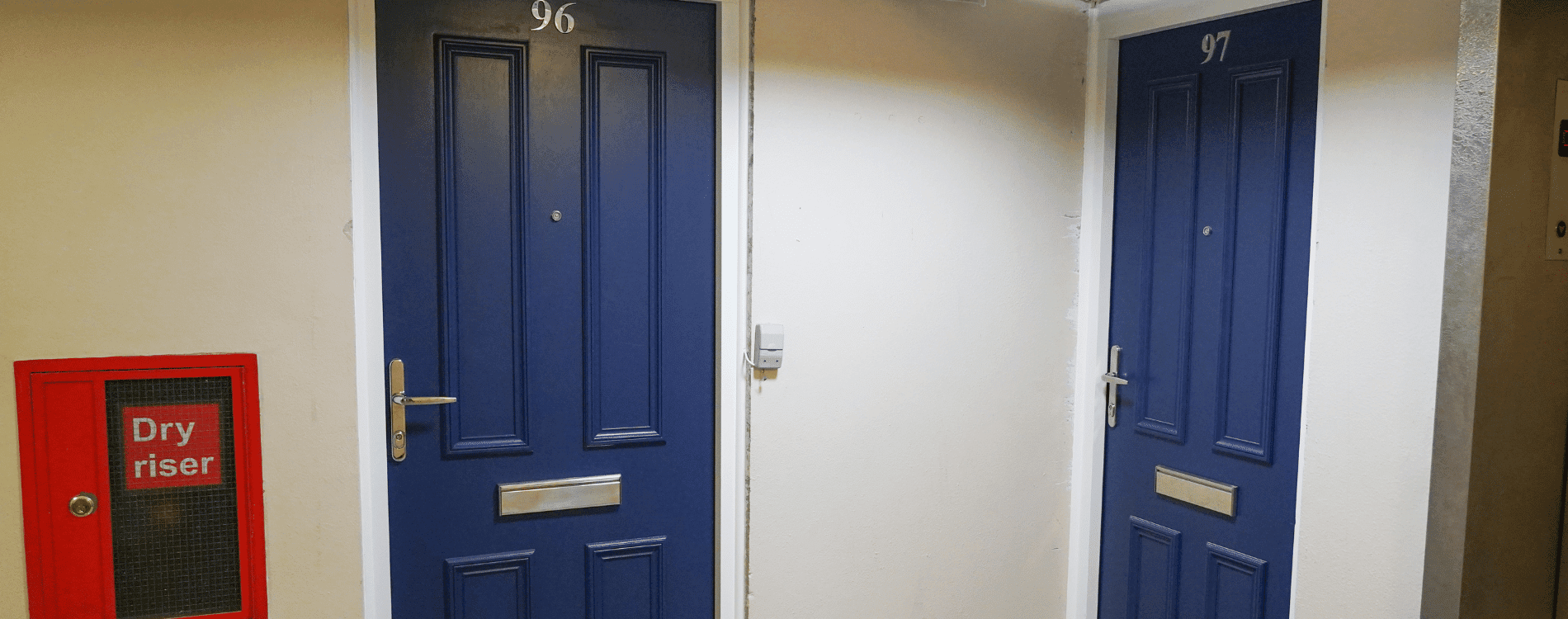 Two blue front doors in block of flats
