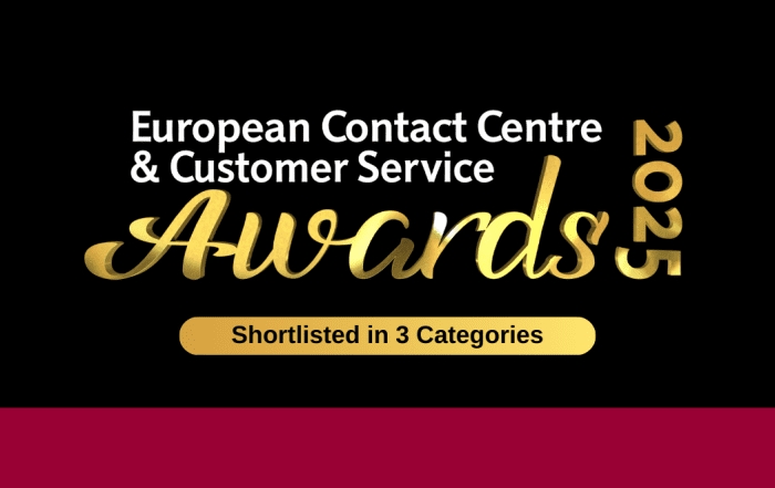White text: European Contact Centre & Customer Service. Gold text: 2025 awards. Gold bar with black text: Shortlisted in 3 categories. Black background. Small red rectangle at the bottom covering the off the whole image.