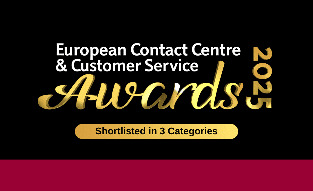 White text: European Contact Centre & Customer Service. Gold text: 2025 awards. Gold bar with black text: Shortlisted in 3 categories. Black background. Small red rectangle at the bottom covering the off the whole image.