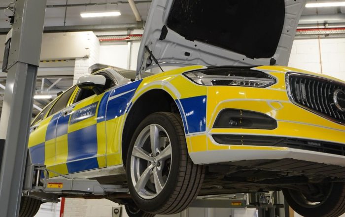 Metropolitan police car hanging for repairs and maintenance