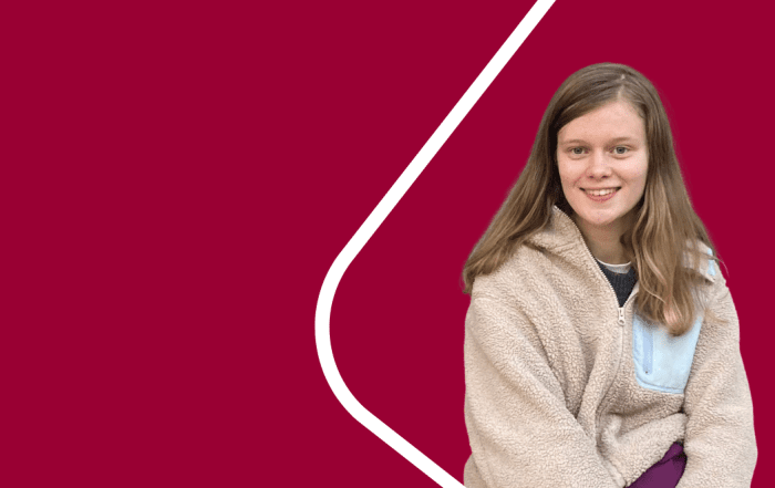 Woman on the right with a light brown top. Red background with a white line on the right