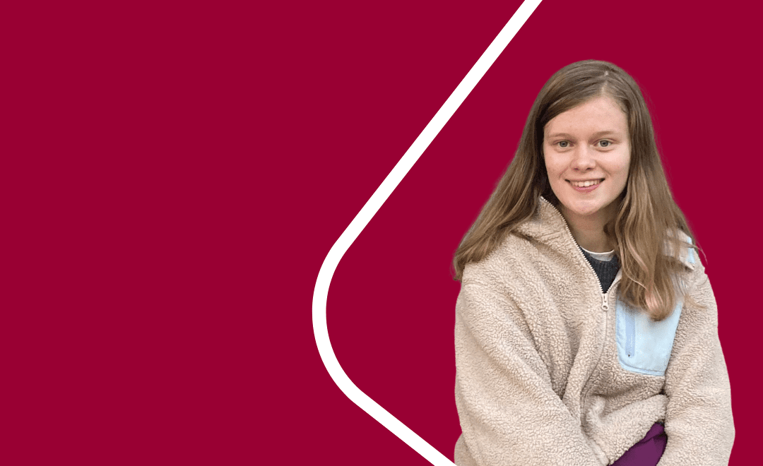 Woman on the right with a light brown top. Red background with a white line on the right