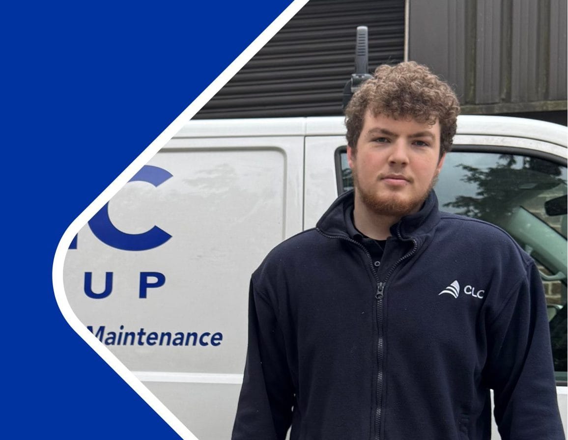 Blue banner with man with CLC top and a white van behind