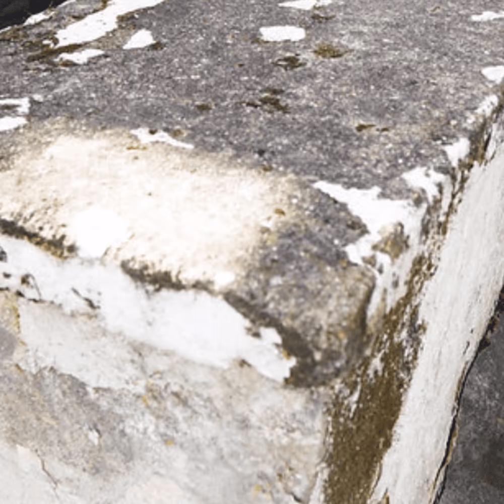 Close-up of a weathered and crumbling concrete wall before renovation, with peeling paint and moss, highlighting the need for repairs.