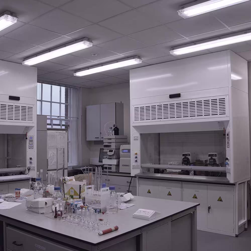 An interior view of the renovated science lab, highlighting the clean, modern look with large overhead fluorescent lights, two white fume cupboards, and laboratory equipment placed on the grey workbenches.