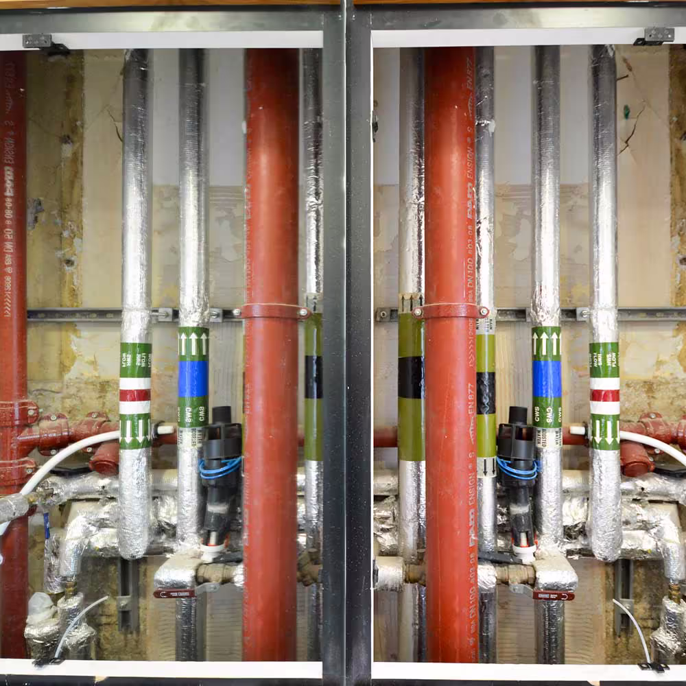 A close-up of insulated and labeled pipework inside a wall or service duct, featuring red pipes (likely fire suppression or heating), silver insulated pipes, and clear color-coded indicators, showing HVAC or M&E installation during refurbishment.