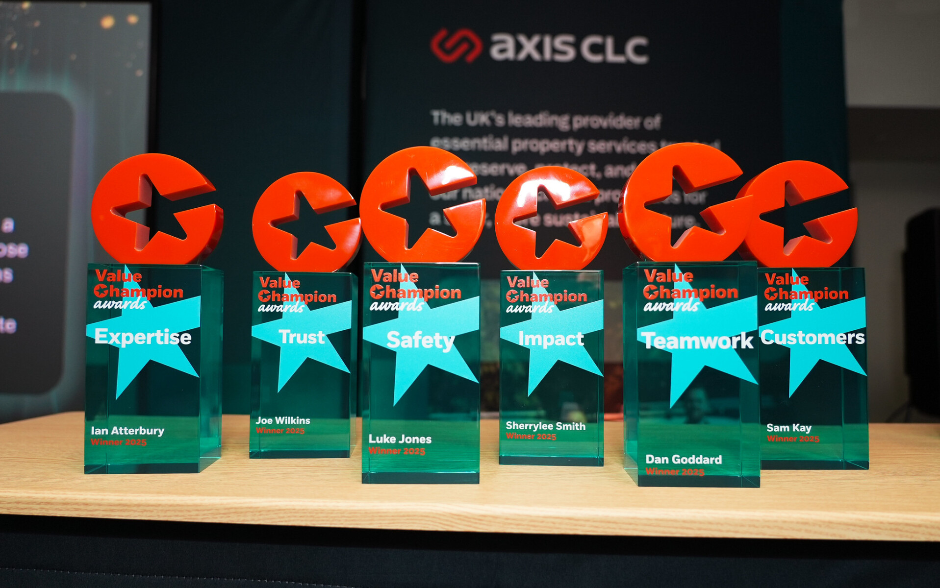 6 trophies, blue and orange