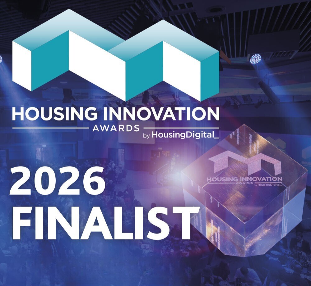 Text: 2026 Finalist at the Housing Innovation Awards. Blue and purple abstract background