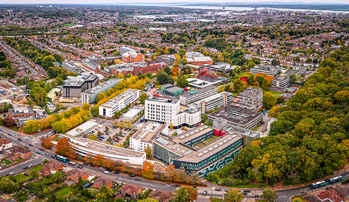 aerial view of the city of Southampton showing various housing estates and university buildings