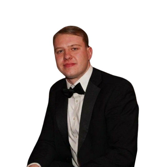Man in a suit with a white shirt and bow tie. White background