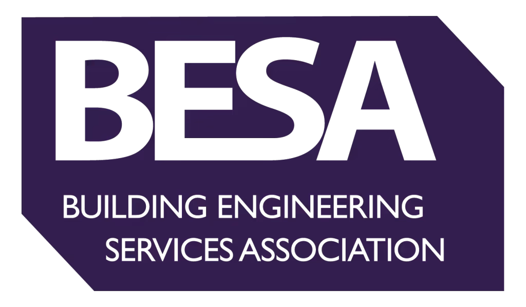 The BESA logo, which stands for the Building Engineering Services Association, shown in black text on a purple background.